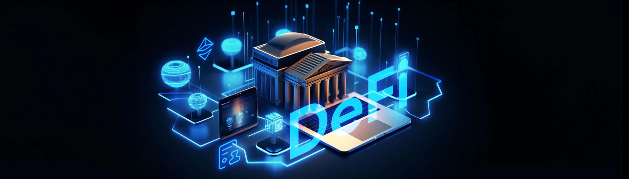 Imagem de um banco com a palavra DeFi em azul.