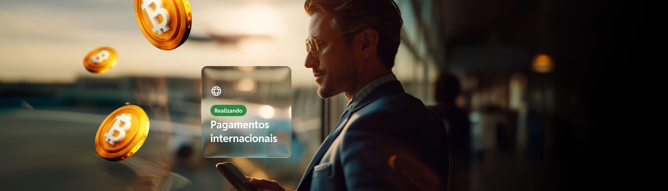 Empresário realizando transferência internacional com criptomoedas em ambiente corporativo digital.